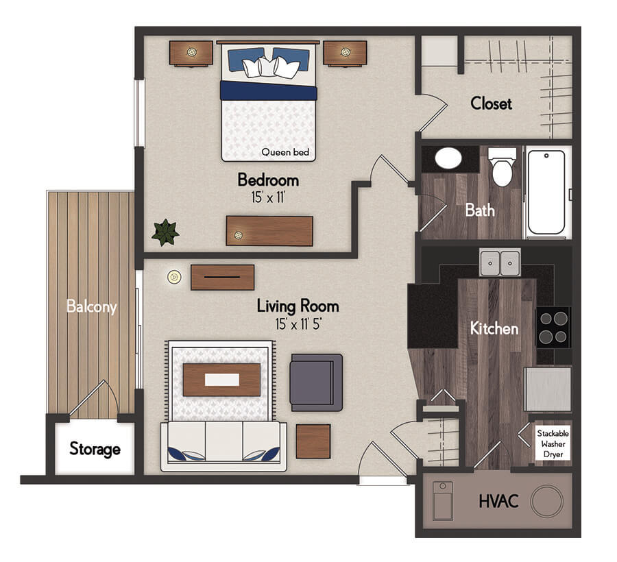 Rainier 1 Bedroom Floorplan