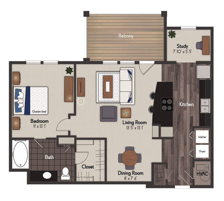 Vinton 1 Bedroom with Study Floorplan